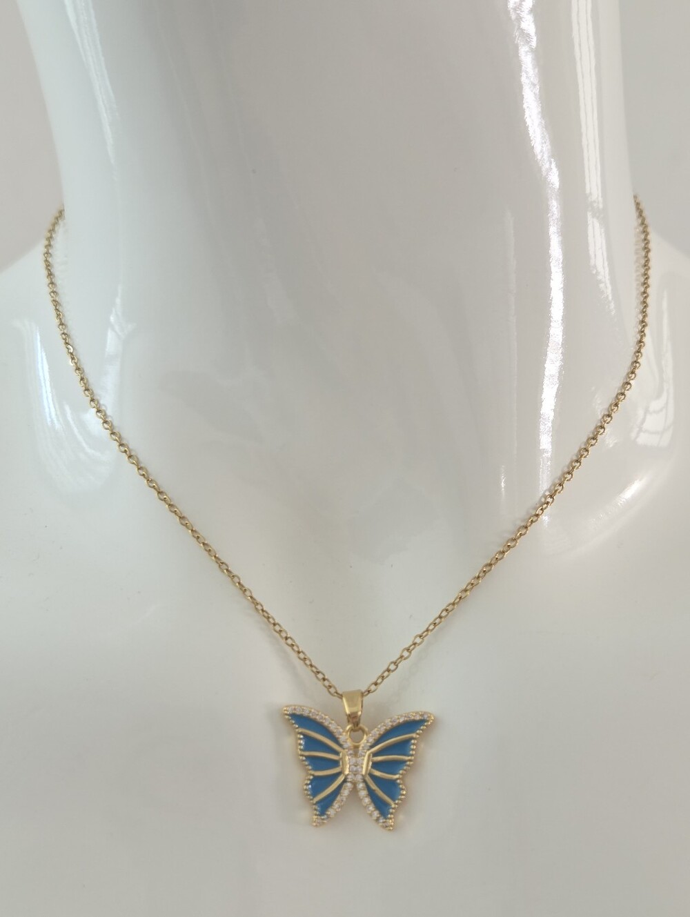 Gold Blue Enamel Butterfly Pendant Necklace Dainty Womens Jewelry - Picture 7 of 9